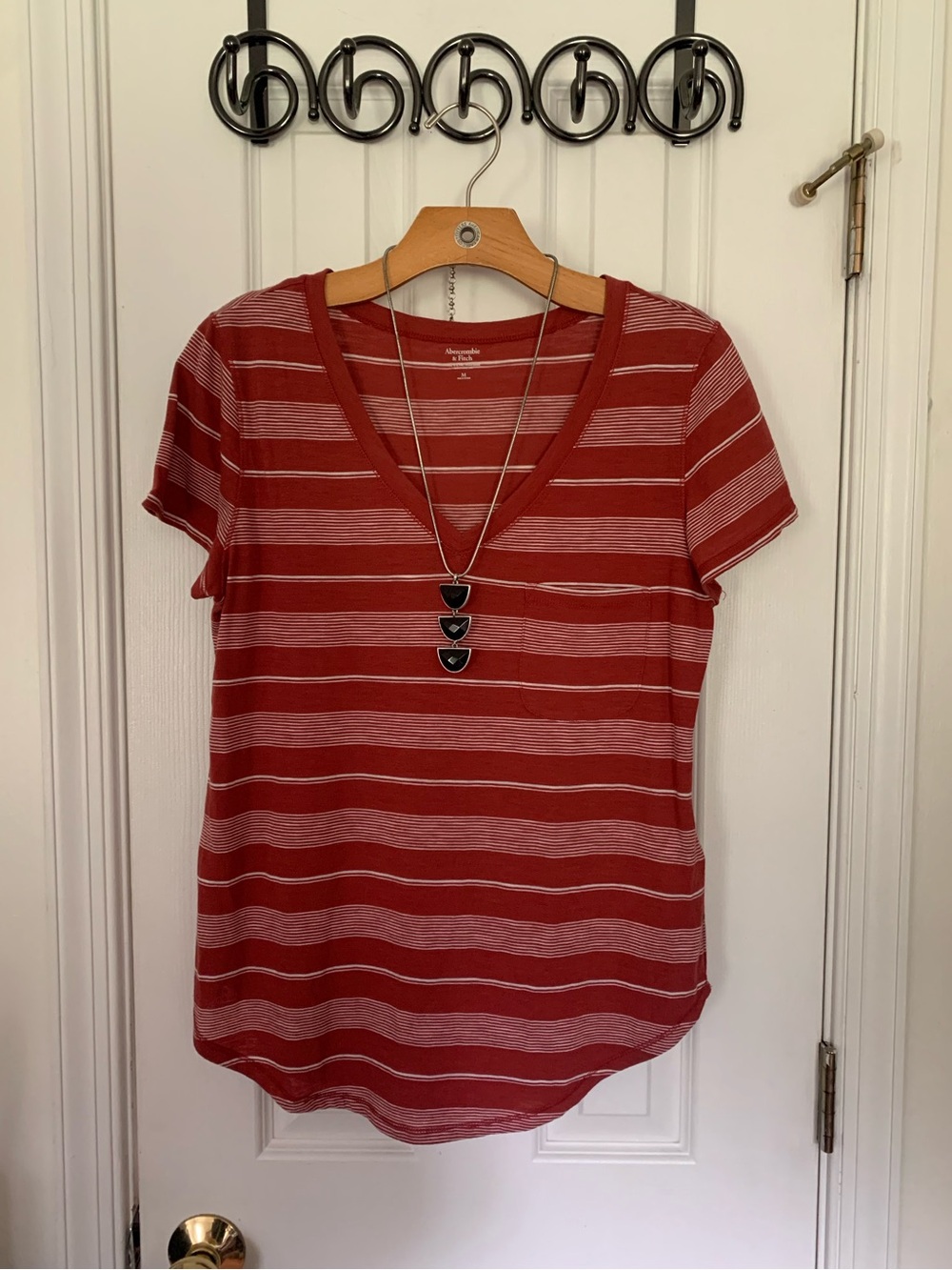 Retro A&F Raspberry Multi Stripe V Neck Tee - Picture 1 of 6